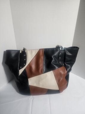 Stylish Patchwork Leather Tote Bag - Black, Brown & Cream